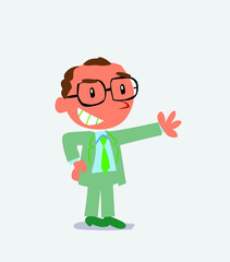 Fototapeta na wymiar Pleased cartoon character of businessman points to something.