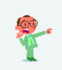 Surprised cartoon character of businessman pointing at something