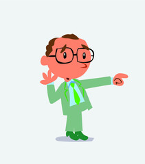 Surprised cartoon character of businessman points to something to his side