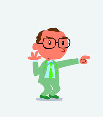 Surprised cartoon character of businessman points to something.