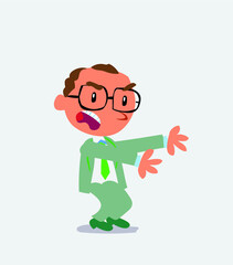 Very angry cartoon character of businessman pointing at something at side.