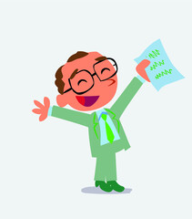 very happy cartoon character of businessman with a document in hand.