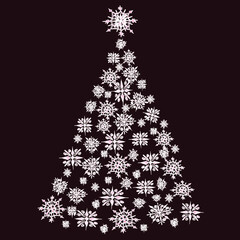 Christmas tree made of snowflakes. New Year. Christmas. Set of cards, banners. Year of the white metal bull. Tree, wreath, boxes with gifts, snowflakes. Isolated vector objects. Winter holidays.