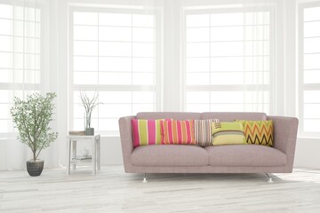 White living room with sofa. Scandinavian interior design. 3D illustration