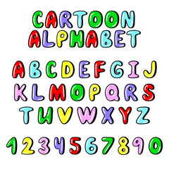 Funny cartoon alphabet. Multicolored capital letters and numbers set. Kids vector comic font.