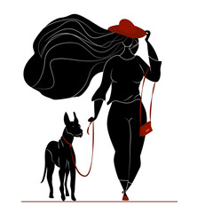 Black red silhouette on a white background - a woman in a fashionable hat walks the dog. Body positivity, active lifestyle, walking with your pet. The girl holds her hat in a strong wind.