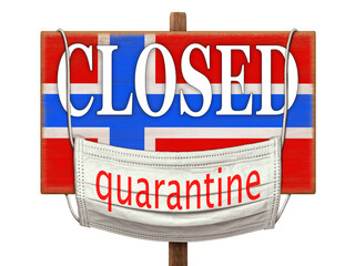 Quarantine during the COVID-19 coronavirus pandemic in Norway. Medical mask with a Quarantine sign hanging on the plate with the image of the Norwegian flag and the inscription "CLOSED".