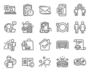 Business icons set. Included icon as Messenger mail, Prescription drugs, Medical help signs. Exam time, Shopping bags, Sports arena symbols. Restroom, Savings, Parking garage. Flight mode. Vector