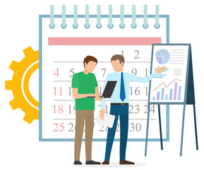 Businessman communication with laptop, men workers discussing company profit, graph report. Work in deadline, consulting technology, finance vector