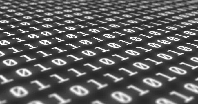 Binary codes with white color font are projected on a black background