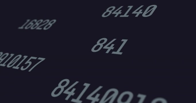 Sets of random numbers with a grey font color projected on a black screen background
