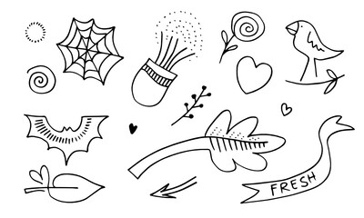 hand drawn set elements, black on white background. birds, bats, cobwebs, leaves, hearts, ribbons. for concept design