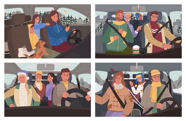 Collection of people on way to vacation. Winter road trip of family and friends sitting in car. Man and woman with kids going to resort. Passengers and attentive driver, tourists vector in flat