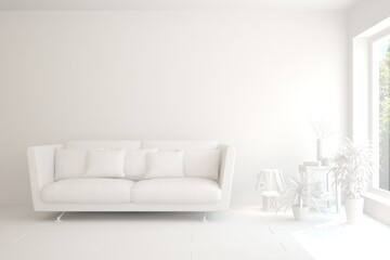 White minimalist living room with sofa. Scandinavian interior design. 3D illustration