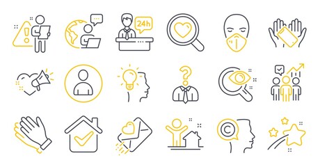 Set of People icons, such as Avatar, Medical mask, Vision test symbols. New house, Clapping hands, Business statistics signs. Idea, Reception desk, Love letter. Smartphone holding, Writer. Vector