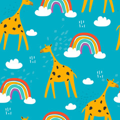 Giraffes, rainbow, hand drawn backdrop. Colorful seamless pattern with animals. Decorative cute wallpaper, good for printing. Overlapping background vector. Design illustration - 392893133
