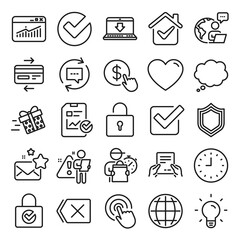 Report document, Time line icons. Statistics, Gift box and Light bulb icons. Credit card, Download document and Lock. Gift delivery, Check report and Protection Shield. Clock time, light bulb. Vector