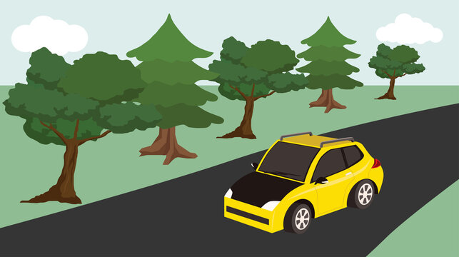 Cartoon vector mini sport car yellow color driving on asphalt road with nature of trees and meadow at upcountry.