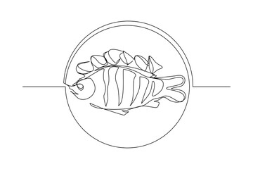 Continuous line drawing of delicious baked fish. One line art concept of seafood for restaurant menu and logo design. Vector illustration