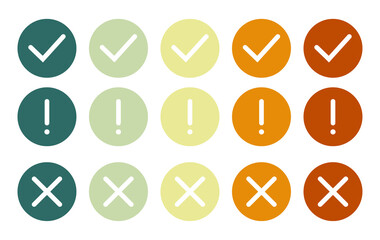 Set of flat round check mark, exclamation point, X mark icons vector.Set of flat round check mark, exclamation point, X mark icons on a white background.Icons of different colors.Vector illustration.