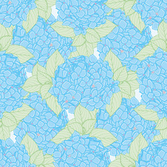 Blue hydrangea seamless illustration pattern. Flower bunch and leaves wallpaper background.
