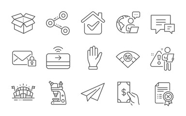 5g wifi, Paper plane and Share line icons set. Microscope, Secure mail and Sports arena signs. Receive money, Open box and Comment symbols. Contactless payment, Reject certificate and Hand. Vector