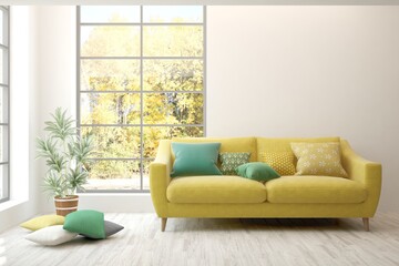 Stylish room in white color with sofa and autumn landscape in window. Scandinavian interior design. 3D illustration