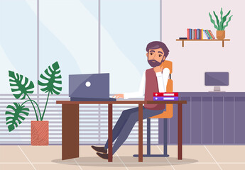 Bearded upset man sits at desk with laptop, propping face on hand, folders on table. Office space. Stress at work. Potted plant, window, monoblock. Failed business meeting. Office worker in the room © robu_s