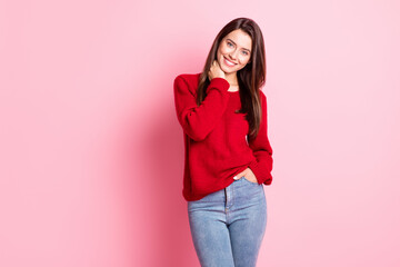Photo of young cute lady hands neck pocket white beaming smiling look camera wear red sweater jeans isolated pink color background