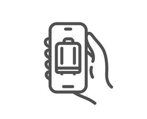 Baggage app line icon. Hand hold phone sign. Cellphone with luggage screen notification symbol. Quality design element. Linear style baggage app icon. Editable stroke. Vector