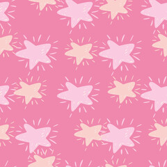 Seamless random pattern with hand drawn star silhouettes. Pink palette cosmic artwork.