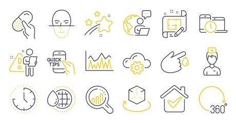 Set of Science icons, such as Doctor, Seo analysis, Time management symbols. Cloud computing, Time, Augmented reality signs. World water, Capsule pill, Education. Face recognition. Vector