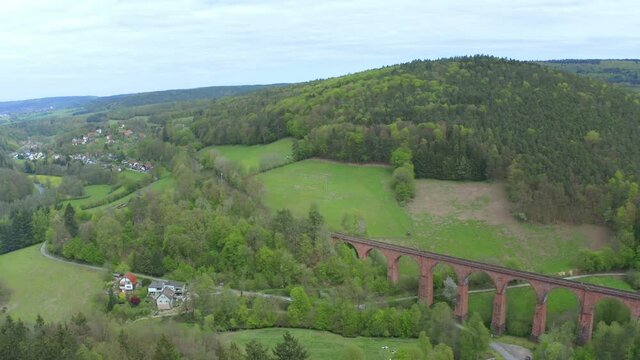 Aerial view, flight to stone arch bridge Himb&auml;chel Viaduct, Erbach - Hetzbach, Himbachel Valley, Odenwald, Hesse, Germany