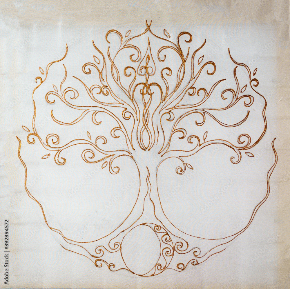 Poster tree of life symbol on structured ornamental background, yggdrasil.