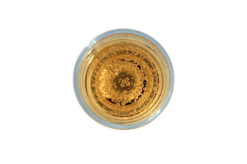 glass with champagne, top view on white background