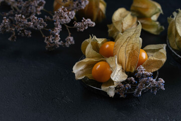 Ripe physalis berries on dark background. Food background, photo wallpaper. Physalis fruits.
