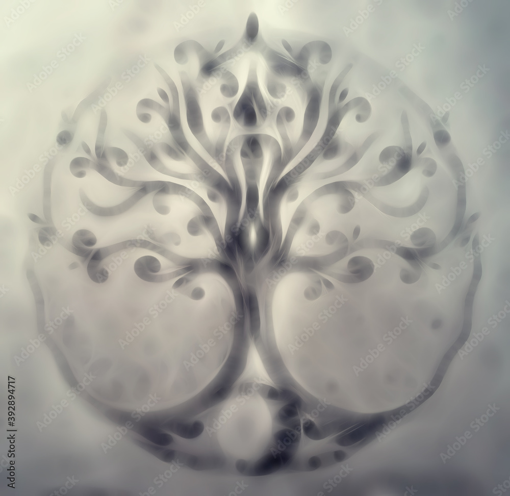 Poster tree of life symbol on structured ornamental background, yggdrasil. Fractal effect.