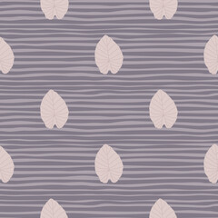 Pastel pale leaves seamless simple pattern. Stylized foliage outline print on striped background.
