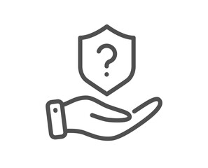Protection shield line icon. Helping hand sign. Question mark symbol. Quality design element. Linear style protection shield icon. Editable stroke. Vector