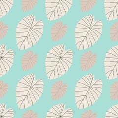 Pastel tones seamless botanic pattern with beige colored leaf silhouettes. Blue background.