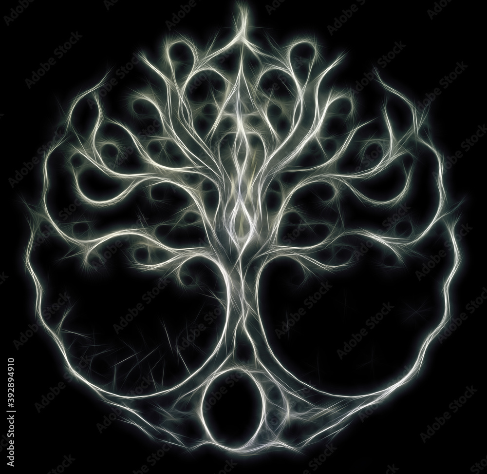 Poster tree of life symbol on structured ornamental background, yggdrasil. Fractal effect.