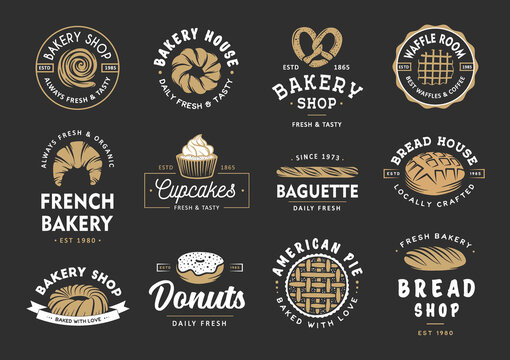 Set of vintage style bakery shop labels, badges, emblems and logo. Vector illustration. Colorful graphic art with engraved design elements. Collection of linear graphic on black background.