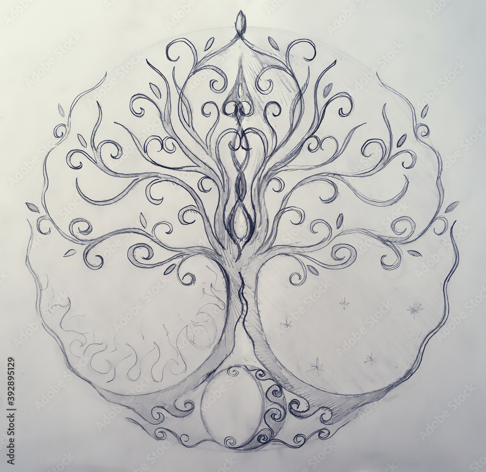 Poster tree of life symbol on structured ornamental background, yggdrasil.