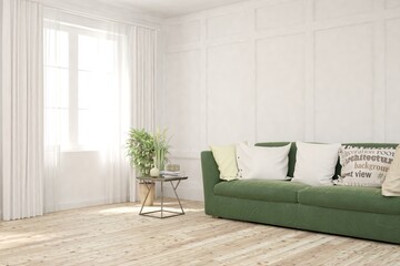 White living room with sofa. Scandinavian interior design. 3D illustration