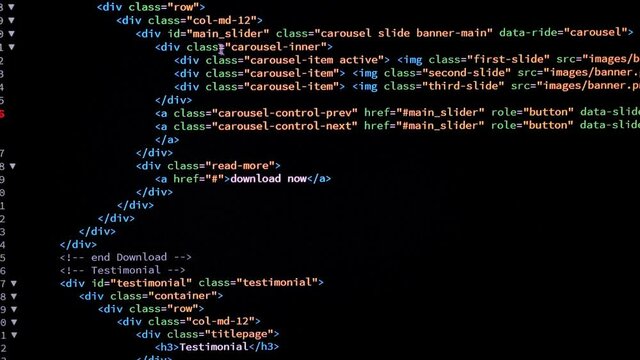 Developer is browsing and marking html code on the computer screen. Code Scrolling. Computer script concept. Scene H