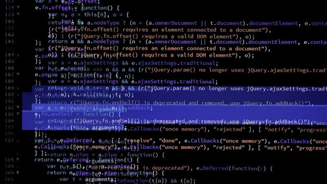 Developer is browsing and marking java script code on the computer screen. Code Scrolling. Computer script concept. Scene D