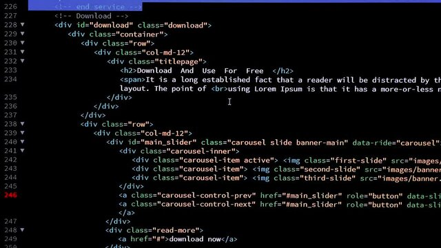 Developer is browsing and marking html code on the computer screen. Code Scrolling. Computer script concept. Scene F