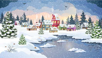 Snow-covered houses on the banks of a frozen river