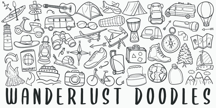 Wanderlust doodle icon set. Travel Style Vector illustration collection. Banner Hand drawn Line art style.