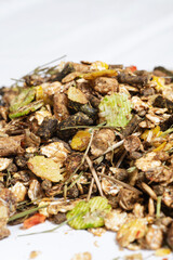 heap of natural   basic muesli  for sportive horse. nutrient equestrian concept. close up